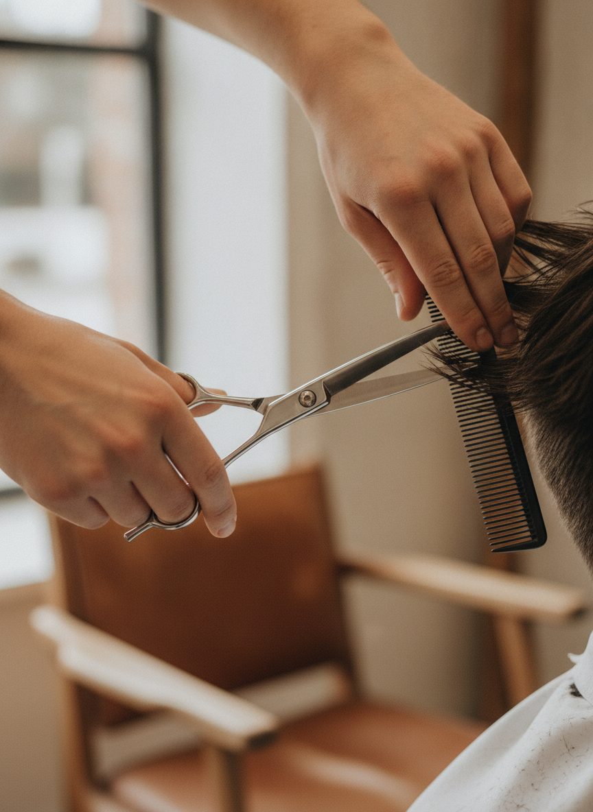 A barber's hands holding scissors and a comb, mid-cut, in soft natural daylight
