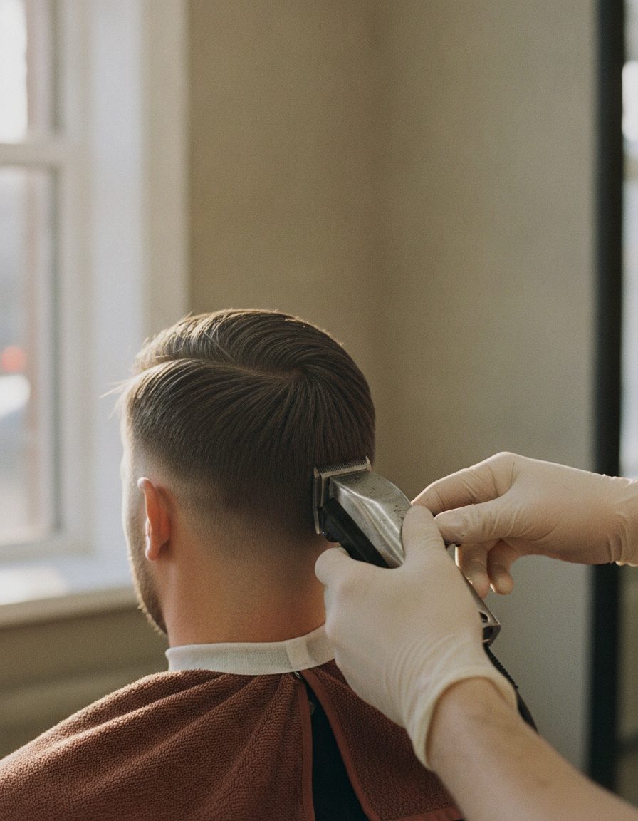 The back of a freshly cut head showing a clean neckline and taper fade, a barber's hands guiding clippers along the hairline in soft daylight