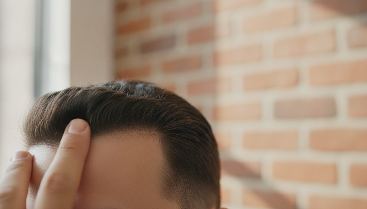 A sharp clean edge-up line at the back of a freshly cut head, a barber's fingertip steadying the skin