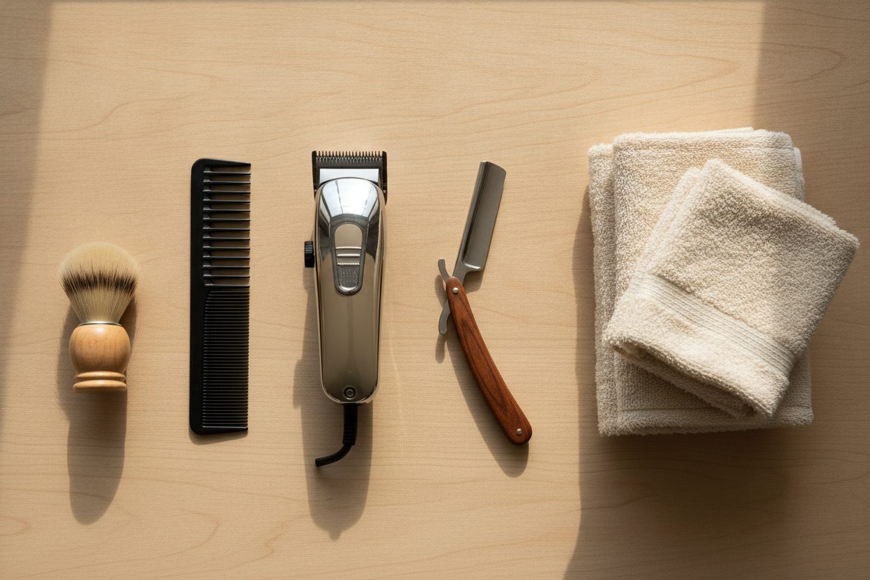 Classic barber tools laid out on a warm counter: clippers, comb, straight razor, brush and folded towels
